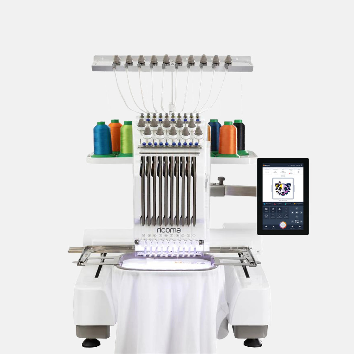 Embroidery machine with needle bar and colorful thread spools on a white background
