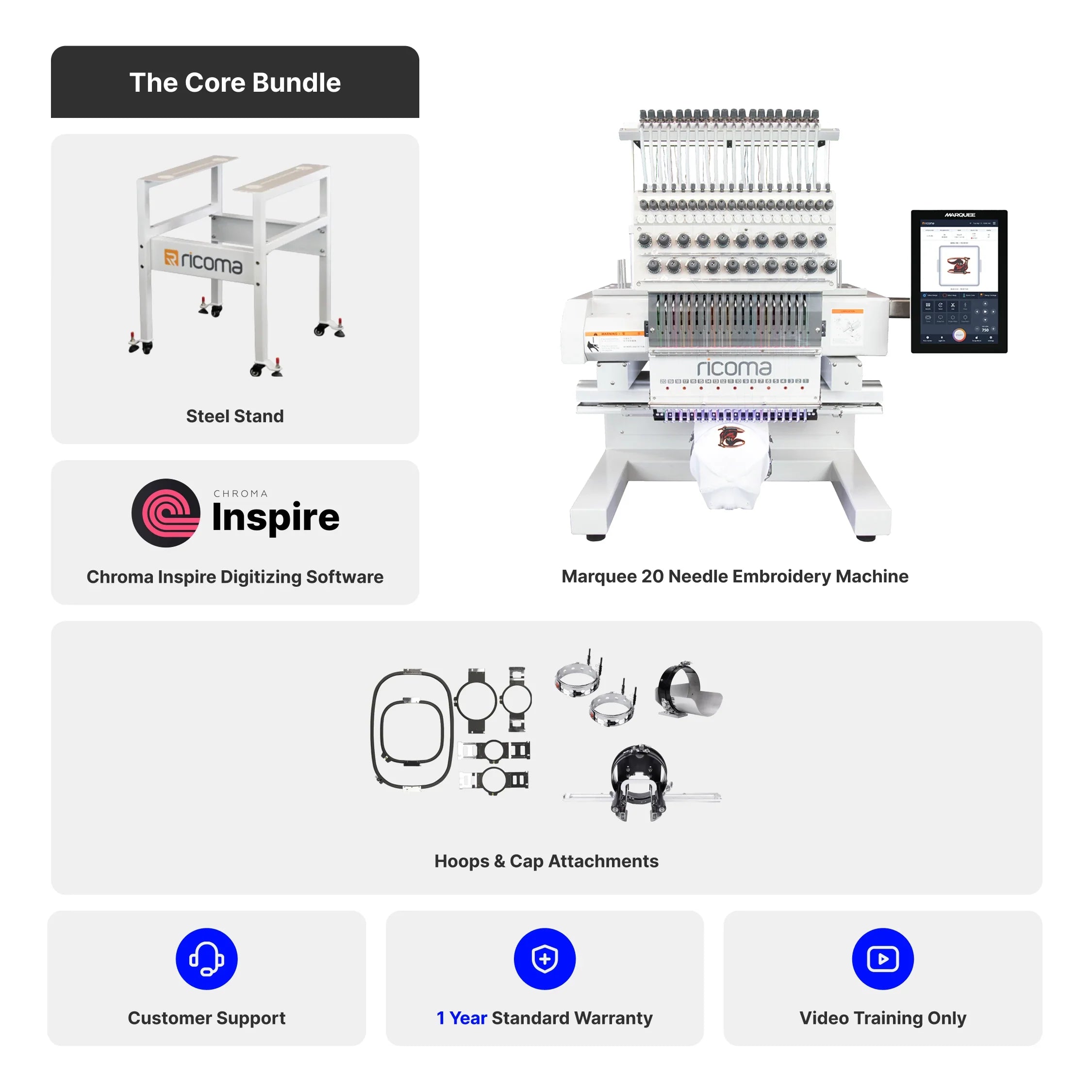 Marquee 20-Needle Commercial Embroidery Machine with 10.1" Touchscreen Panel