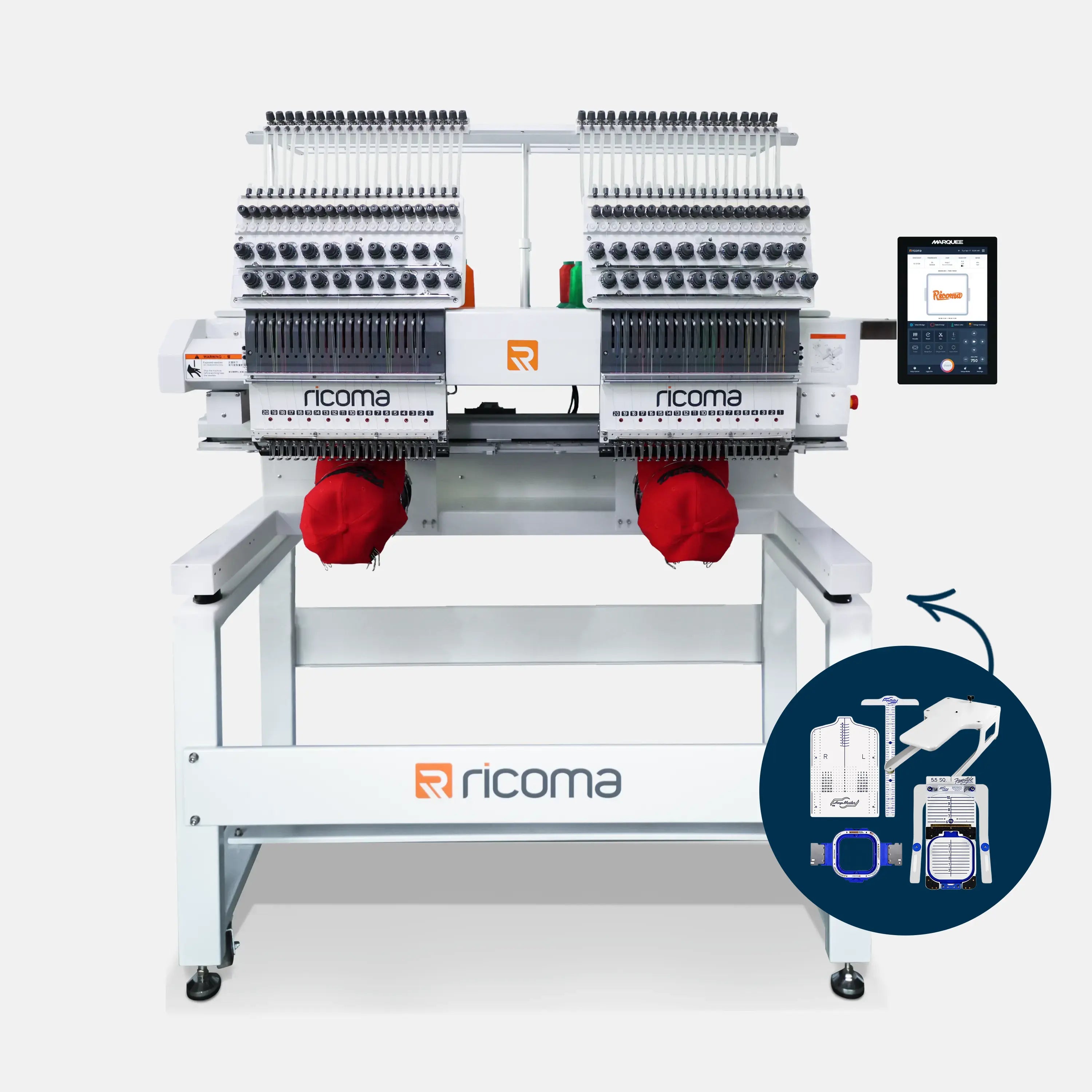 Máquina de bordar comercial Marquee de duas cabeças e 20 agulhas com painel touchscreen de 10,1".