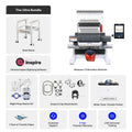 Collection of embroidery machine components and software on a white background