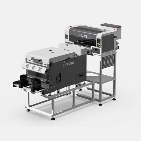 Industrial printing machine with 'Income' branding on a white background