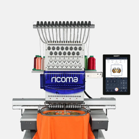 Embroidery machine with 'Ricoma' branding and a digital display on a white background